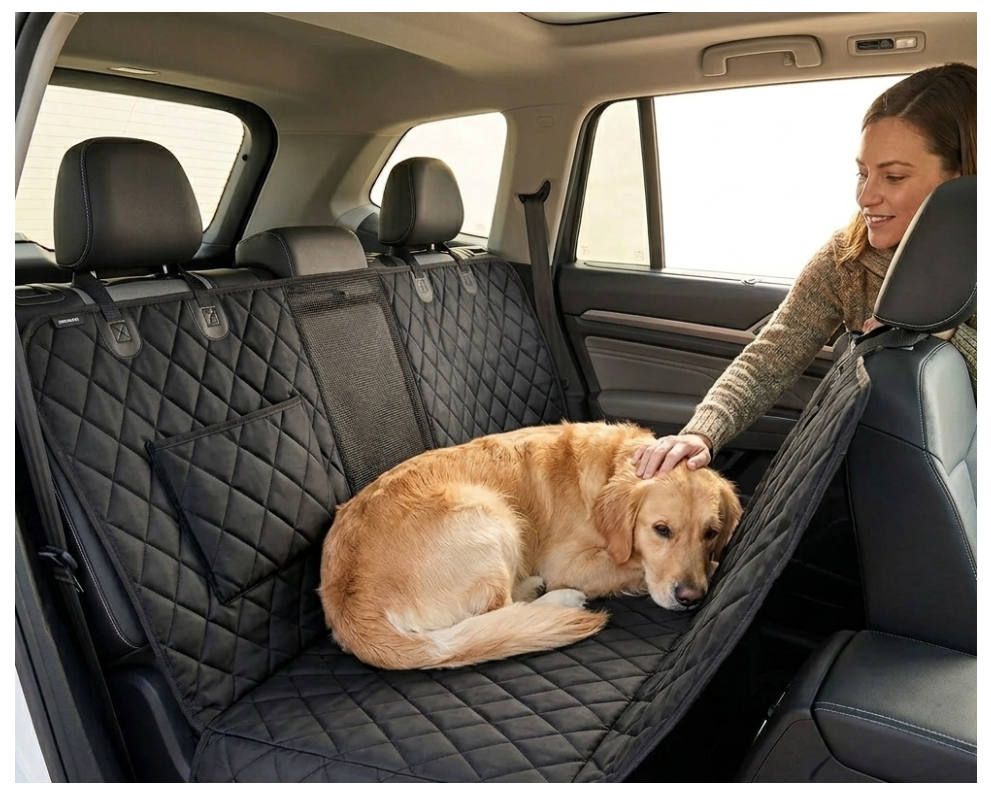 Dog sitting on a black car seat cover with a person petting it inside a vehicle.